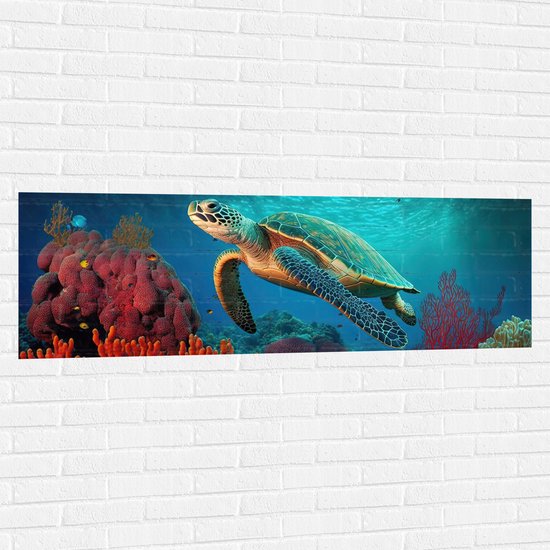 Muursticker - Schilderij van Zeeschildpad Zwemmend tussen het Koraal op de Zeebodem - 150x50 cm Foto op Muursticker