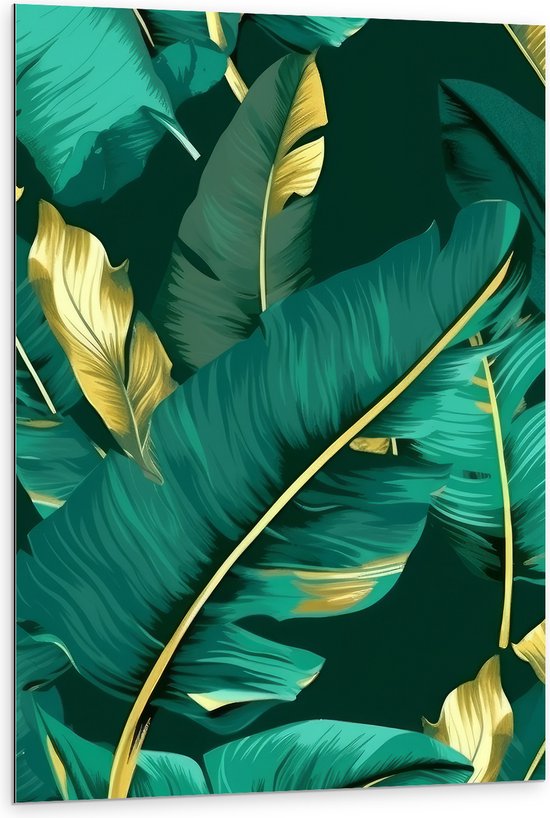 Dibond - Groene Palmbladeren met Gouden Details - 80x120 cm Foto op Aluminium (Wanddecoratie van metaal)