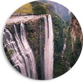 PVC Schuimplaat Muurcirkel - Bergen - Water - Waterval - Bomen - Bosjes - 40x40 cm Foto op Muurcirkel (met ophangsysteem)