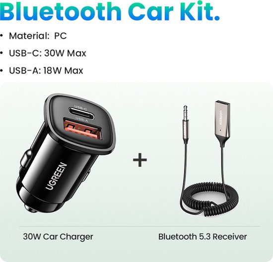 Ugreen Bluetooth 5.3 Adapter Incl. USB Autolader USB naar 3.5mm aansluiting Handsfree Aux - Ugreen