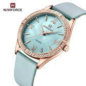 NAVIFORCE horloge met lichtblauwe lederen polsband, lichtblauwe wijzerplaat en rose gouden horlogekast voor dames met stijl ( model 5038 RGLBE )