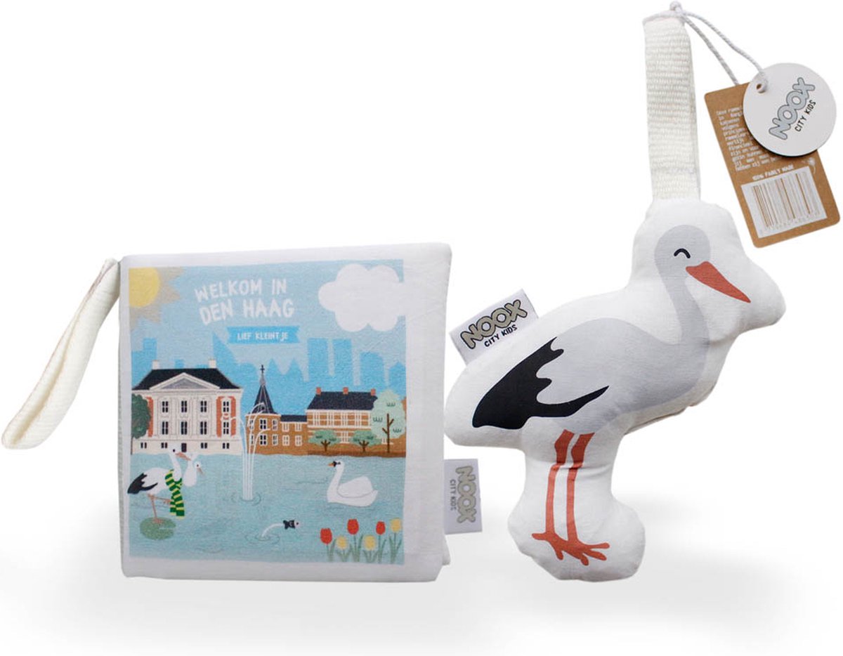 Goedkoopste Combideal Den Haag met babyboekje & soft toy ooievaar - fairly made - duurzaam en origineel kraamcadeau
