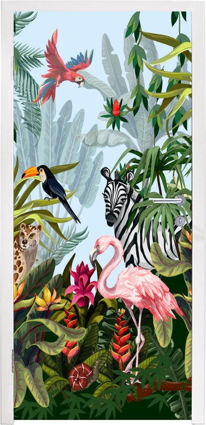 Deursticker Jungle - Natuur - Jongens - Meisjes - Kinderen - Zebra - Flamingo - 95x235 cm - Deurposter