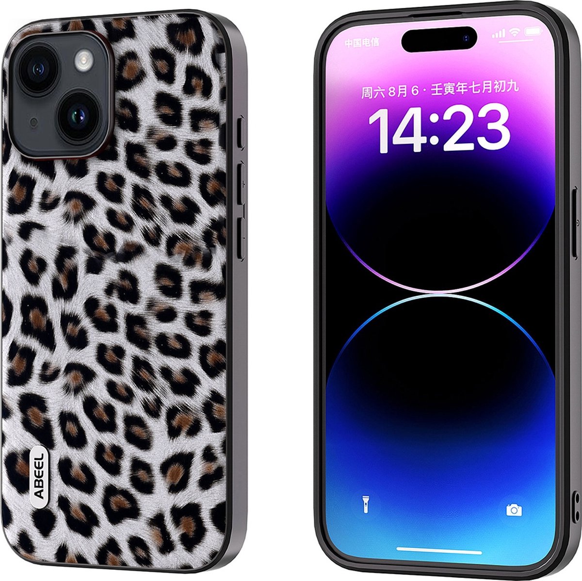 ABEEL TPU hoesje voor de iPhone 14 Plus met een Zilveren Luipaard print op achterzijde met zwarte randen