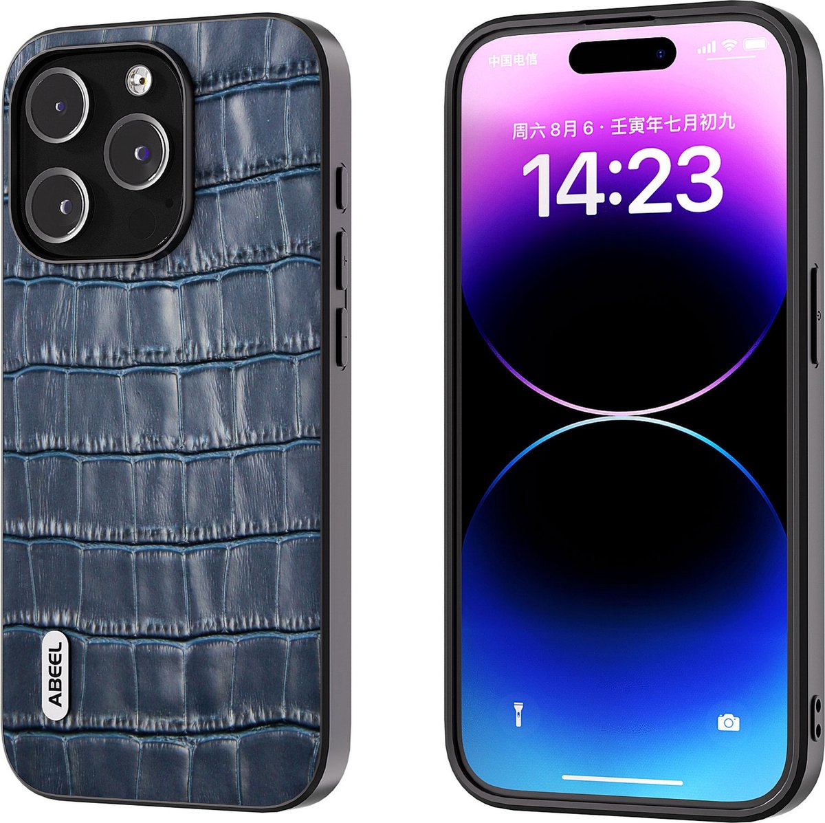 ABEEL lederen telefoonhoesje voor iPhone 14 Pro met blauwe krokodillenprint