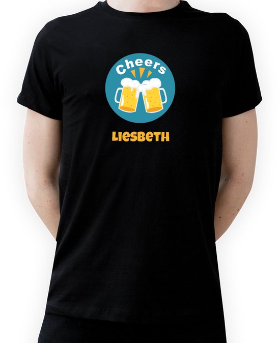 T-shirt met naam Liesbeth|Fotofabriek T-shirt Cheers |Zwart T-shirt maat S| T-shirt met print (S)(Unisex)