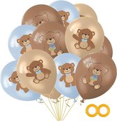 12 blauwe en bruine ballonnen met beertje - ballon - beer - geboorte - babyshower - verjaardag - kinderfeest