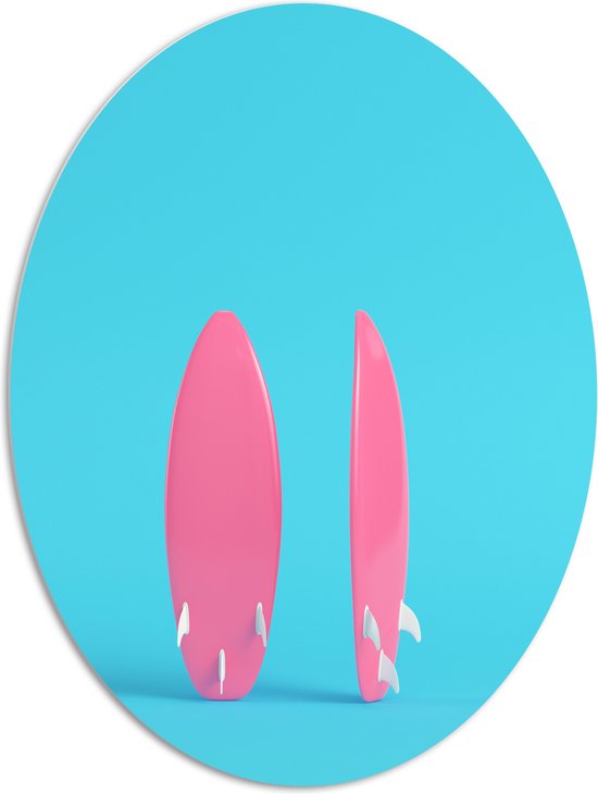 PVC Schuimplaat Ovaal - Twee Roze Surfboads tegen Felblauwe Achtergrond - 81x108 cm Foto op Ovaal (Met Ophangsysteem)