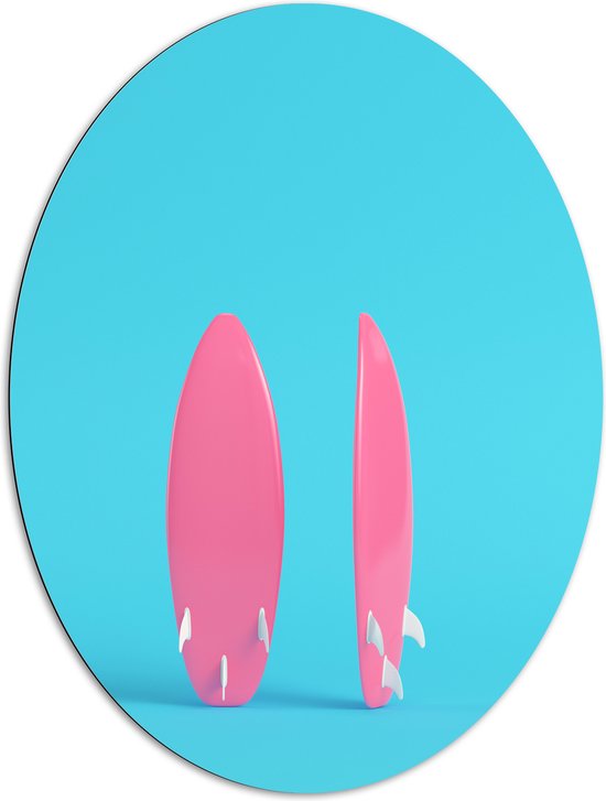 Dibond Ovaal - Twee Roze Surfboads tegen Felblauwe Achtergrond - 81x108 cm Foto op Ovaal (Met Ophangsysteem)