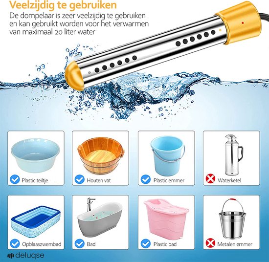 Deluqse Dompelaar - 2000W - Emmerdompelaar - Dompelaar voor Zwembad - Reisdompelaar - Met Staalspons en Thermometer - Dompelaar Waterkoker - Zwembad Verwarming - Water Verwarmer van Deluqse — afbeelding 4