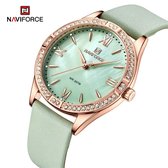 NAVIFORCE horloge met lichtgroene lederen polsband, lichtgroene wijzerplaat en rose gouden horlogekast voor dames met stijl ( model 5038 RGGN )