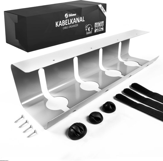 Grijze kabelgoot met accessoires: 1x kabelgoot, 3x kabelgeleiders, 4x schroeven, 5x kabelbinders. Doos met 'KABELKANAL'.