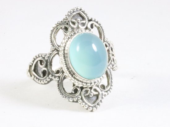 Opengewerkte zilveren ring met aqua chalcedoon - maat 18.5