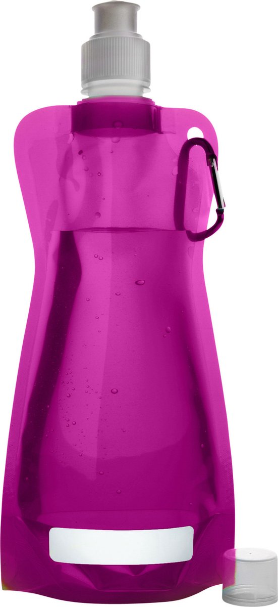 Waterfles/drinkfles/sportbidon opvouwbaar - fuchsia roze - kunststof - 420 ml - schroefdop - karabijnhaak