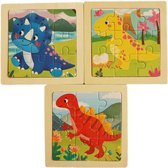 Houten puzzels - 3 stuks - 9 delig - Montessori - Dino's - 11x11 cm
