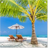 Tuinposters Palmboom - Strandstoel - Parasol - 50x50 cm - Tuindoek - Buitenposter