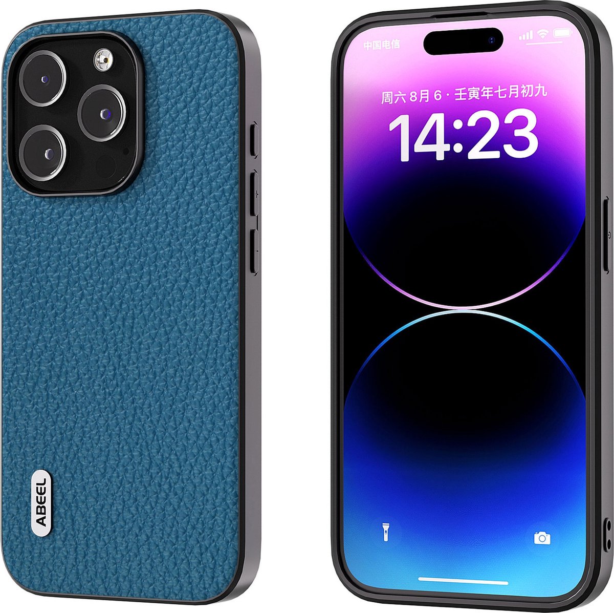 ABEEL lederen telefoonhoesje voor iPhone 14 Pro in het blauw met relief