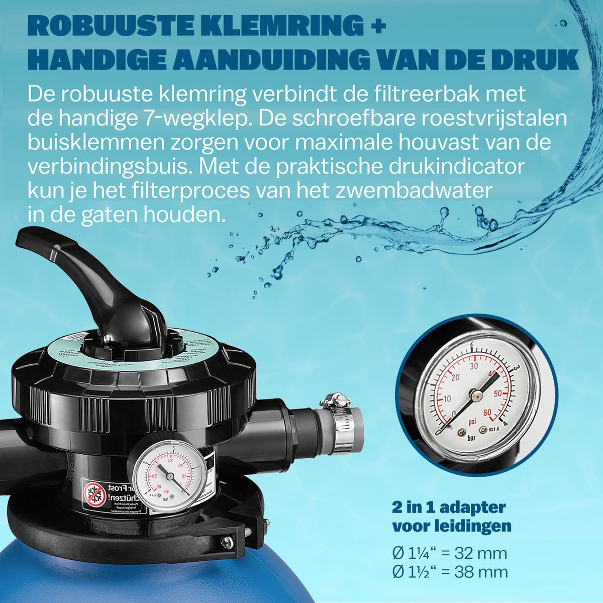 Monzana Zandfiltersysteem 10.200 l/h - 7 Wegklep Ø32-38mm Blauw – foto 2