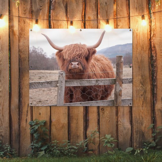 Affiche de jardin - Toile de jardin - Posters de jardin extérieur - Highlander écossais - Herbe - Clôture - 120x90 cm - Jardin