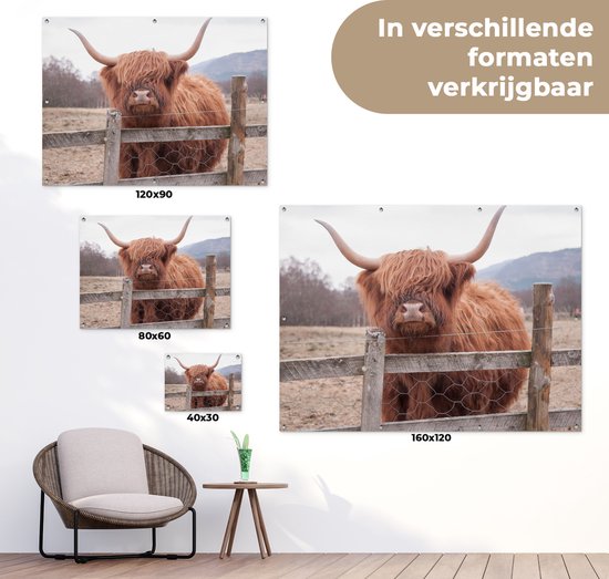 Affiche de jardin - Toile de jardin - Posters de jardin extérieur - Highlander écossais - Herbe - Clôture - 120x90 cm - Jardin