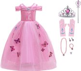 Het Betere Merk - Prinsessenjurk meisje - Roze vlinders - Verkleedkleren meisje - Maat 110/116 (120) - Toverstaf - Kroon - Tiara - Juwelen - Roze handschoenen - Roze jurk - Carnavalskleding kinderen - Kleed