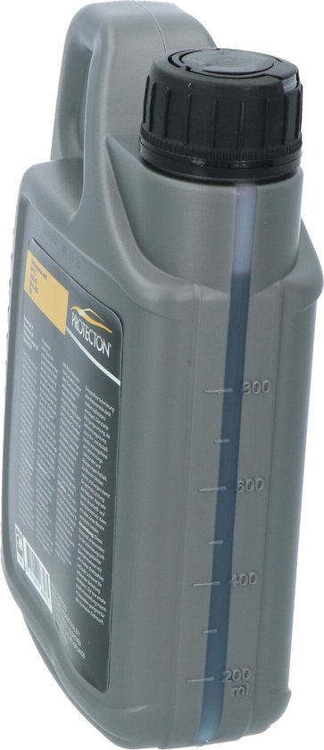 Grijze plastic fles met zwarte dop. Zichtbare maataanduiding in ml. Label met 'PROTECTON'.
