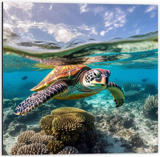 Dibond - Bruine schildpad zwemt door de zee met koraal - 50x50 cm Foto op Aluminium (Wanddecoratie van metaal)