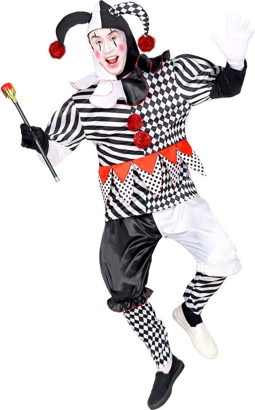 Widmann - Clown & Nar Kostuum - Paljas Van Het Hof Harlekijn - Man - Zwart / Wit - Medium - Carnavalskleding - Verkleedkleding