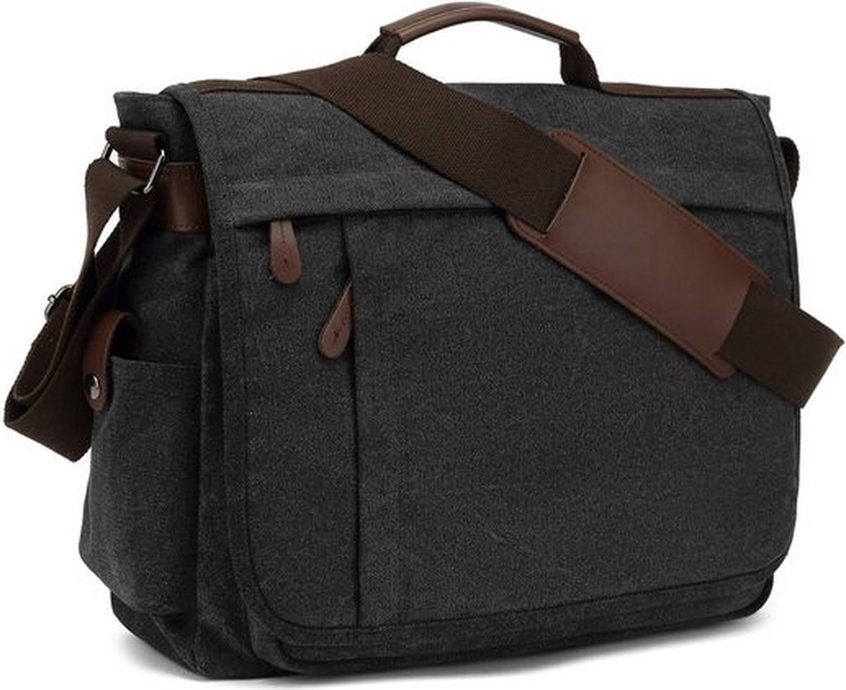 TAN.TOMI Laptoptas - Messenger bag - Schoudertas - Schooltas - Canvas Crossbody - A4 Laptoptas voor 15,6 Inch Laptop - Vintage Zwart