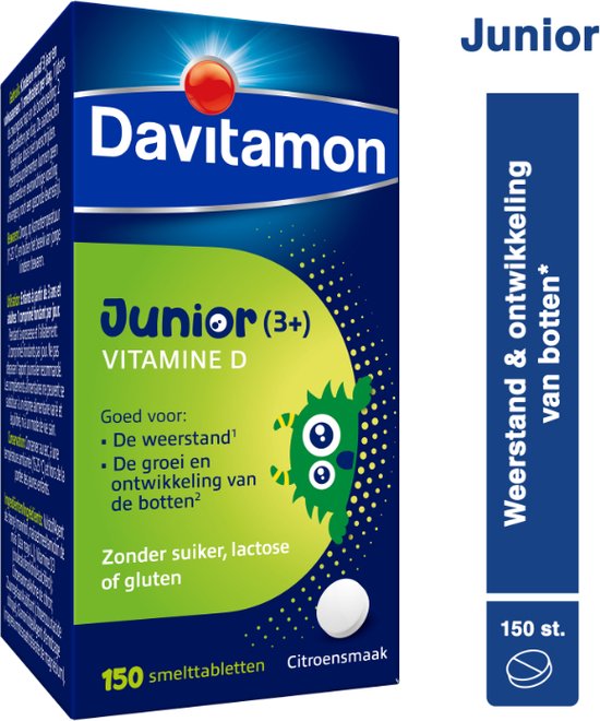 Davitamon Junior Vitamine D, 150 citroensmaak smeltabletten, vanaf 3 jaar. Voor weerstand & ontwikkeling van botten.