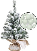 Mini kerstboom besneeuwd - incl. verlichting bollen lichtgroen - H45 cm