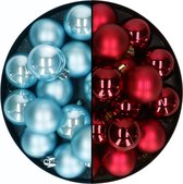 Decoris -kerstballen 32x st - mix donkerrood/ijsblauw - 4 cm - kunststof - kerstversiering