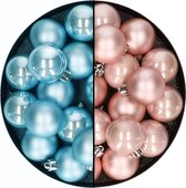 Kerstballen 32x st - mix lichtroze/ijsblauw - 4 cm - kunststof - kerstversiering