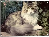 Tuinposter – Grijze kat met groene ogen in de natuur op een boomstam - 80x60 cm Foto op Tuinposter (wanddecoratie voor buiten en binnen)