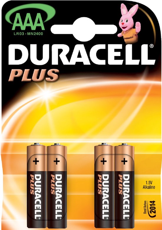 Duracell Plus AAA batterijen, 4 stuks in verpakking met roze konijn en oranje gloed.