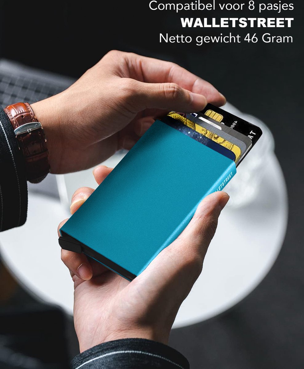 Walletstreet Uitschuifbare Pasjeshouder - Walletstreet Aluminium Creditcardhouder Card Protector Anti-Skim/ RFID Card Protector 8 Pasjes – Blauw — cadeau in Mode & Accessoires - foto 3