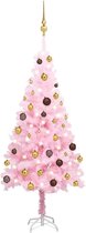 vidaXL - Kunstkerstboom - met - verlichting - en - kerstballen - 120 - cm - PVC - roze
