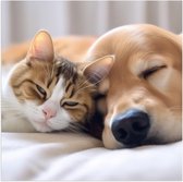 Poster (Mat) - Hond en kat liggen tegen elkaar aan te slapen - 50x50 cm Foto op Posterpapier met een Matte look