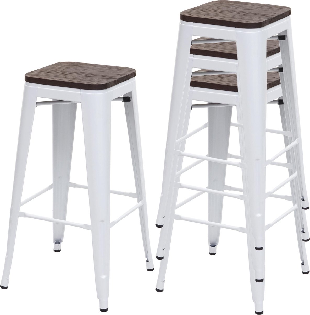 Set van 4 barkrukken MCW-A73 incl. houten zitting, barkruk tegenkruk, metaal industrieel ontwerp stapelbaar ~ wit