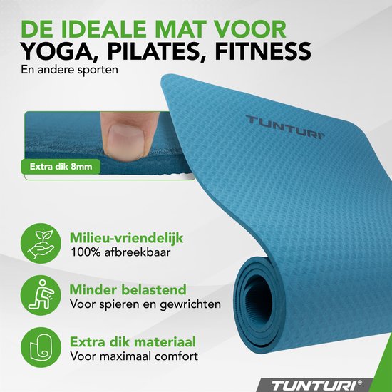 Tunturi Yoga Mat 8mm - Pilates mat - Extra dikke fitness mat - 183x61x0,8 cm - Incl Draagtas - Ecologisch materiaal - Eenvoudig te reinigen - Petrol Blauw van Tunturi — afbeelding 4
