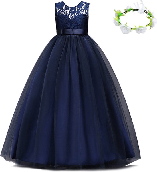 Joya Kids® Communie jurk Meisje Donker Blauw | Bruidsmeisjes jurk | Prinsessen jurk | Feestjurk + bloemenkrans | Maat 140 (134/140)