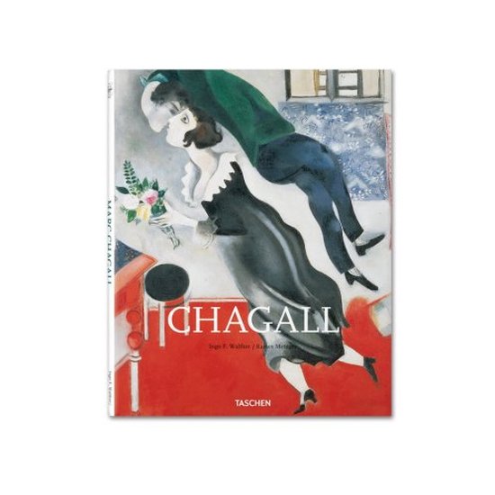 Boek 'Chagall' van Taschen met een schilderij van een man en vrouw die zweven, op de rode voorgrond staat "CHAGALL".