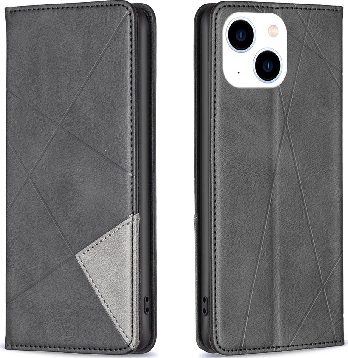 Mobigear Telefoonhoesje geschikt voor Apple iPhone 15 Hoesje | Mobigear Rhombus Slim Bookcase | Pasjeshouder voor 2 Pasjes | Telefoonhoesje voor Pinpas / OV Kaart / Rijbewijs - Zwart
