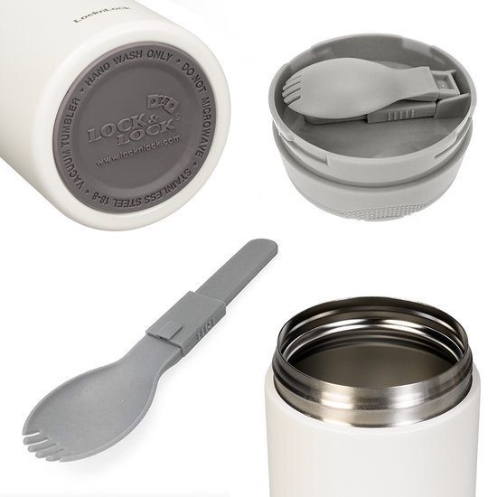 Lock&Lock Lunch box Isotherme - Mug Isotherme - Gourde Isotherme - Boîte à lunch - Inoxydable - Thermos - Avec Cuillère - Hermétique - Étanche - Maintient au Chaud 6h - 500ml - Blanc - LocknLock