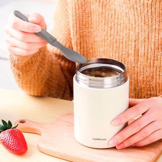 Lock&Lock Lunch box Isotherme - Mug Isotherme - Gourde Isotherme - Boîte à lunch - Inoxydable - Thermos - Avec Cuillère - Hermétique - Étanche - Maintient au Chaud 6h - 500ml - Blanc - LocknLock