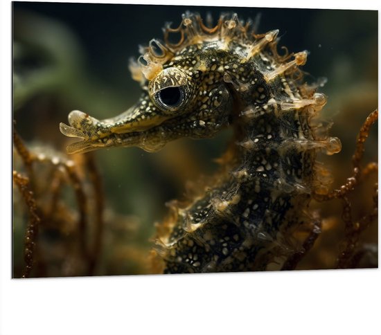 Dibond - Bruingekleur zeepaardje in de zee tussen onderwater planten - 100x75 cm Foto op Aluminium (Wanddecoratie van metaal)