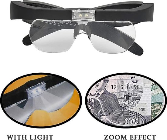 Originele Vergrootglas bril - Overzetbril – Loepbril met LED verlichting - Overzet Loepbril – 1,5 x 2,5 x 3,5 x 5 x Vergrotende bril - Hobby Loepbril - Gratis Brillendoos en Brilkoordje - Zwart Leesloep met licht, oplaadbaar, hoofdband - Wehl Commerce