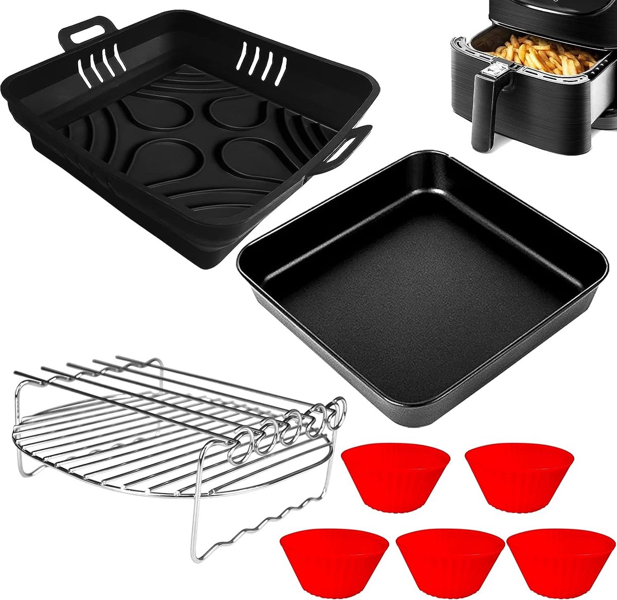 FryChef Heißluftfritteuse Zubehör, Airfryer Zubehör, 18 Teile, mit Backform, 100 x Backpapier, Ölsprüher u.v.m. Passend für COSORI 5,5L, Philips 7,3L, Cecotec 5,5 L. Quadratische Geräte ab 23 cm