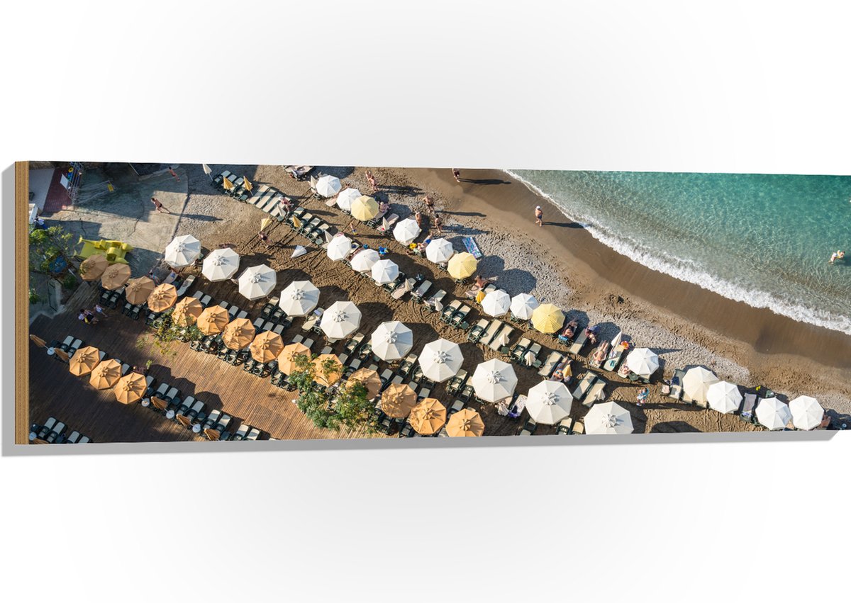 Hout - Zee - Strand - Bedjes - Parasols - Water - Hout - Mensen - 120x40 cm - 9 mm dik - Foto op Hout (Met Ophangsysteem)