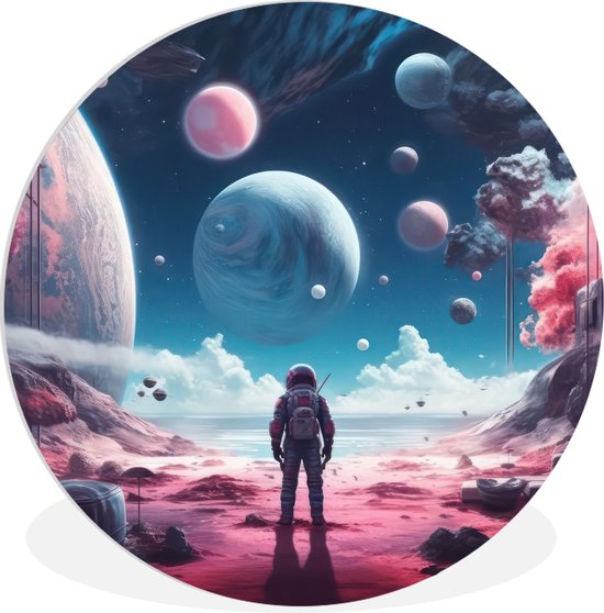 Wandcirkel ruimte - Astronaut - Roze - Muurcirkel binnen - Wanddecoratie rond - Muurdecoratie cirkel - Wandcirkels - Woonkamer - 30x30 cm - Ronde schilderijen - Kamer decoratie - Slaapkamer